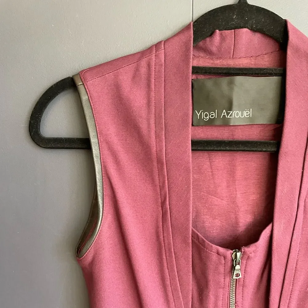 Yigal Azrouël $950 Burgundy Jersey Front Zip Dress w/ Leather Accents, Sz 4, EUC